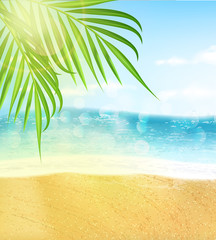Hello summer, sale banner, tropical leaves, sea and sand realistic, vector illustration, travel banner