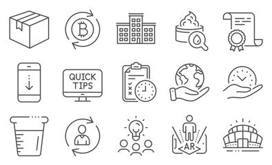 Set of Business icons, such as Person info, Moisturizing cream. Diploma, ideas, save planet. Parcel, Scroll down, Augmented reality. Exam time, Arena stadium, Web tutorials. Vector