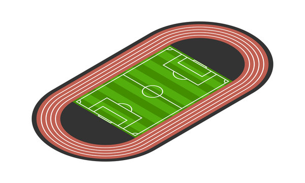 Isometric football/soccer field with running track vector illustration isolated on white background.