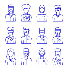 A set of vector medical avatars of doctors and nurses in protective medical clothes with masks. Coronavirus epidemic illustration for flyer, poster design. 