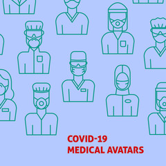 A vector design with medical avatars of doctors and nurses in protective medical clothes with masks. Coronavirus epidemic illustration for flyer, poster template. 