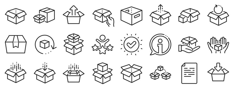 Package, delivery boxes, cargo box. Box line icons. Cargo distribution, export boxes, return parcel icons. Shipment of goods, purchase container, open package. Logistics goods. Vector