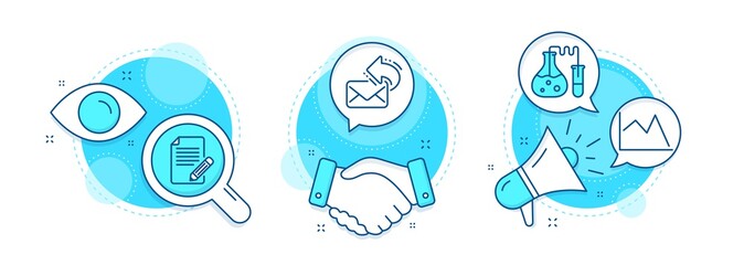 Article, Share mail and Chemistry lab line icons set. Handshake deal, research and promotion complex icons. Line chart sign. Feedback, New e-mail, Laboratory. Financial graph. Education set. Vector