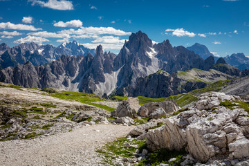 Fototapeta na wymiar Mountain Landscape with big peaks of Dolomites Alps and path