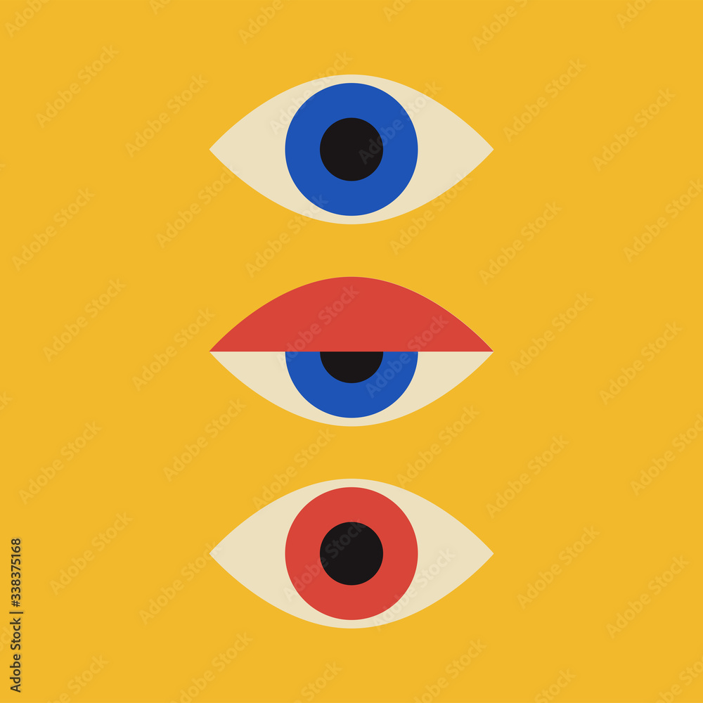 Wall mural minimal 20s geometric design with eyes, vector template with primitive shapes elements