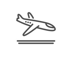 Airport arrivals plane line icon. Airplane landing sign. Flight symbol. Quality design element. Editable stroke. Linear style arrivals plane icon. Vector