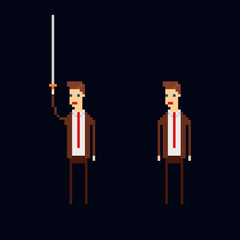 Pixel art vector character - cartoon male office worker wearing a brown suite, red tie and holding a sword. Isolated 8 bit illustration