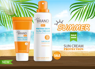 Sun cream bottle realistic isolated, sea background,tropical banner, packaging mockup, protection sun cream, summer cosmetics vector illustration