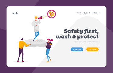 Stop Coronavirus Landing Page Template. Tiny Characters in Masks Carry Huge Antibacterial Soap with Doctor in Labcoat Informing People with Loudspeaker to Stay Home. Cartoon People Vector Illustration