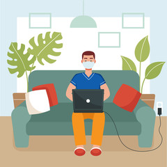 Young man in mask sitting on a sofa and working on a laptop.Concept of quarantine,home activity,covid-19 prevention,isolation,freelance,telecommuting.Flat cartoon vector illustration