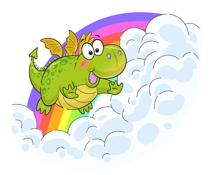 Cute funny dragon flying near the rainbow