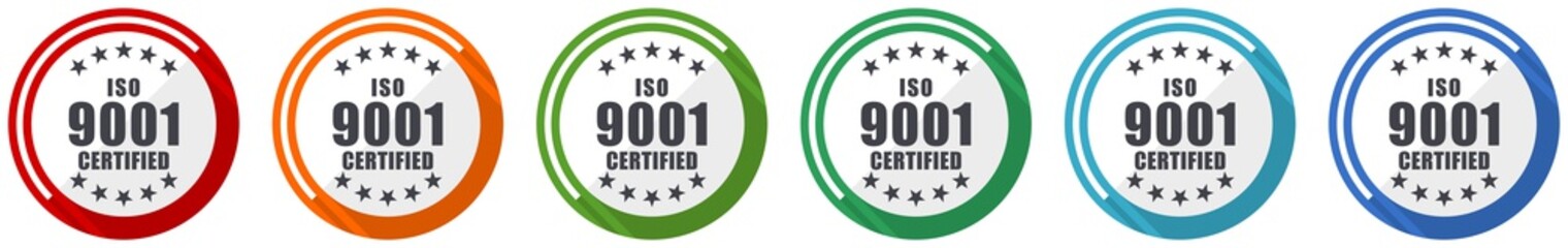 Iso 9001 icon set, flat design vector illustration in 6 colors options for webdesign and mobile applications