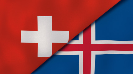 The flags of Switzerland and Iceland. News, reportage, business background. 3d illustration