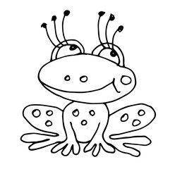 Cute fabulous frog with outlined for coloring book isolated on a white background. Vector illustration of hand drawn black and white frogs.	