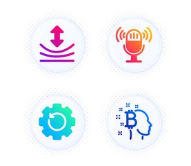 Microphone, Resilience and Recovery gear icons simple set. Button with halftone dots. Bitcoin think sign. Mic, Elastic, Backup info. Cryptocurrency head. Technology set. Vector