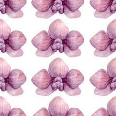 Watercolor seamless pattern with pink orchid. Flower background in vintage style. Nature elements for textile, wallpaper, wrapping, decoration, wedding invitation.