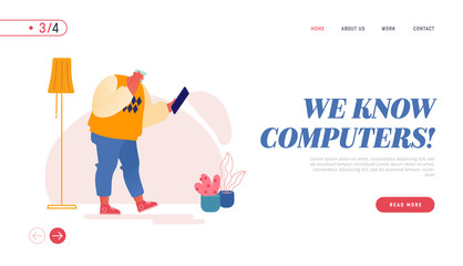 Computer and Gadgets Education for Aged People Landing Page Template. Desperate Senior Man Character Holding Head Looking on Smartphone Figure Out with New Technologies. Cartoon Vector Illustration