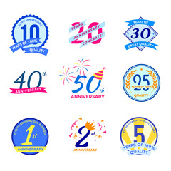 Cartoon Color Anniversary Labels Icons Set. Vector