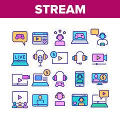 Stream Live Video Collection Icons Set Vector. Internet Online Play Game Stream, Earphones And Microphone, Streaming Web Site Concept Linear Pictograms. Color Illustrations
