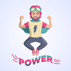 Super hero man with flash sign on t-shirt and word power. Flat design, modern illustration