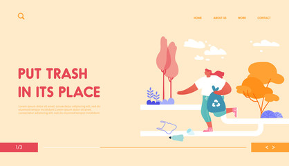 Plogging Landing Page Template. Teenager Volunteer Character Run In Park Collect Garbage, Plastic, Bottles In Trash Bags with Recycling Sign. Eco Protection and Sport. Cartoon Vector Illustration