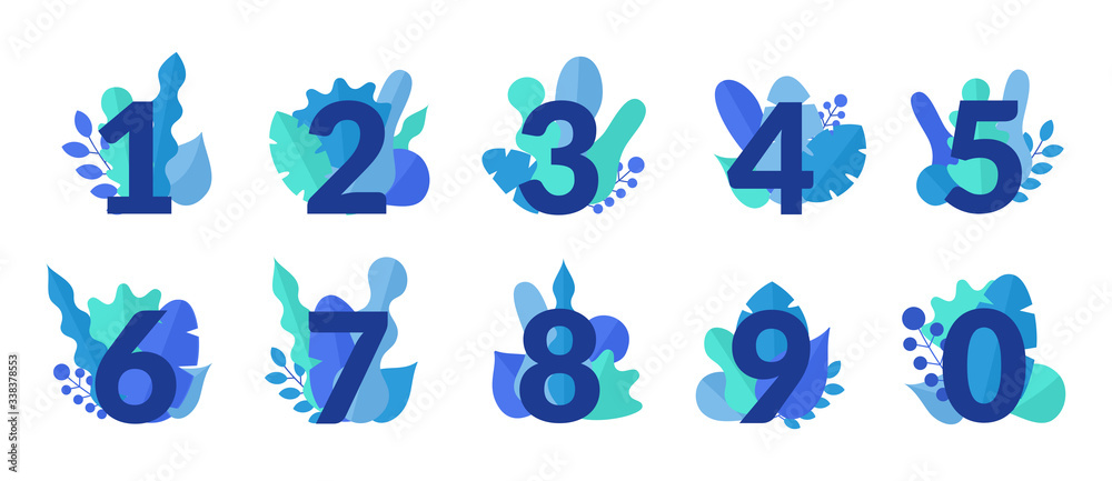 Poster Cartoon Color Floral Numbers Icon Set. Vector