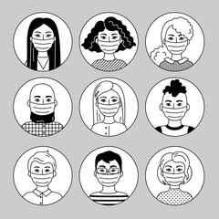 People Wearing Face Mask, Men And Women, Different Nationalities. Set Of Black And White Vector Pictograms, Simple Flat Sign Collection. Respirators To Prevent Pollution, Flu. Sars-Covid-19 Pandemic