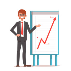 Business man showing the presentation with the growing up chart. Vector flat isolated on white.
