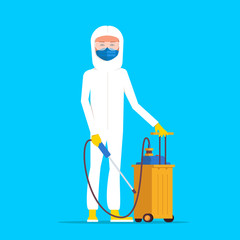 Disinfectant worker standing at protective mask and suit. Flat vector.