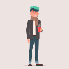 Sick man with thermometer in his mouth and holding a cup. Flu, viral disease. Flat vector illustration.