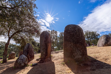 View of the megalithic complex Almendres Cromlech (Cromelelique dos Almendres) Evora, Alentejo...