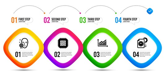 Graph, Cpu processor and Face verified icons simple set. Timeline infographic. Project deadline sign. Presentation diagram, Computer component, Access granted. Time management. Science set. Vector