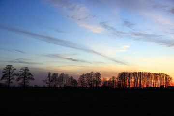 Naklejka na ściany i meble Kolorowy zachód słońca nad obszarem wiejskim, złote chmury.