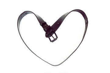 black leather belt in the shape of a heart on a white background