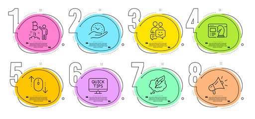 Megaphone, Safe time and Communication signs. Timeline steps infographic. Copyright chat, Bitcoin project and Seo strategy line icons set. Web tutorials, Scroll down symbols. Vector