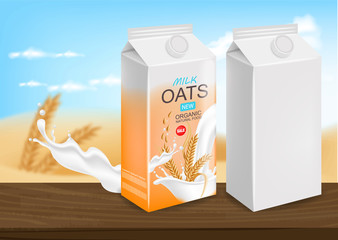 Oats milk realistic, organic milk, packaging mockup, beautiful background, splash milk, new product vector illustration