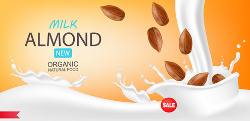 Almond milk realistic, organic milk, beautiful background, splash milk, new product vector illustration