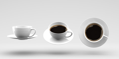 
3d illustration. White cups with coffee on a white isolated background.