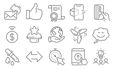 Set of Technology icons, such as Wind energy, Swipe up. Diploma, ideas, save planet. Payment card, Augmented reality, Contactless payment. Timer, Like, Share mail. Vector