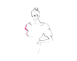 Young beautiful woman, model in dress. Fashion illustration in sketch style. Vector