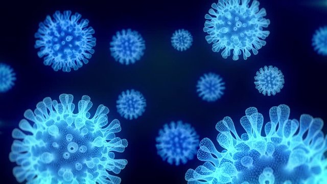 Coronavirus Covid-19 viral cell infection causing disease. Pneumonia viruses, H1N1, SARS, Flu, cell infect organism, aids. Microscopic view of floating influenza virus cell background