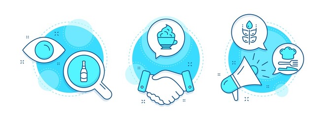 Food, Gluten free and Beer bottle line icons set. Handshake deal, research and promotion complex icons. Cappuccino cream sign. Chef hat, Bio ingredients, Brewery. Coffee with whipped cream. Vector