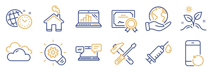 Set of Business icons, such as Recovery phone, Graph laptop. Certificate, save planet. Cloudy weather, Cogwheel, Internet chat. Grow plant, Home, Hammer tool. Vector