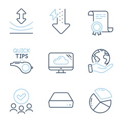 Cloud storage, Mini pc and Pie chart line icons set. Diploma certificate, save planet, group of people. Resilience, Tutorials and Energy drops signs. Computer, Presentation graph, Elastic. Vector