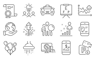 Set of Business icons, such as Taxi, Vision board. Diploma, ideas, save planet. Smartphone notification, Stats, Shower. Search people, Fireworks, Mobile finance. Vector
