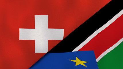 The flags of Switzerland and South Sudan. News, reportage, business background. 3d illustration