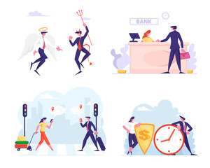 Set of Business People Visiting Bank, Crossing Crosswalk with Gps Navigator Mobile App, Angel and Demon Characters Arguing. Man and Woman with Huge Shield and Clock. Cartoon People Vector Illustration