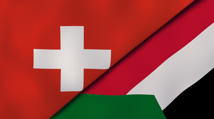 The flags of Switzerland and Sudan. News, reportage, business background. 3d illustration