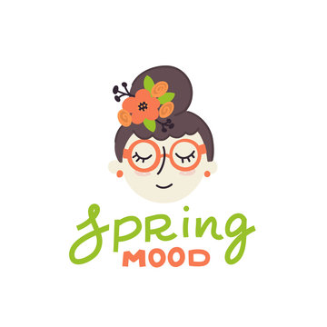 Cute girl with Spring mood lettering isolated