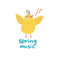 Cute bird with Spring music lettering isolated